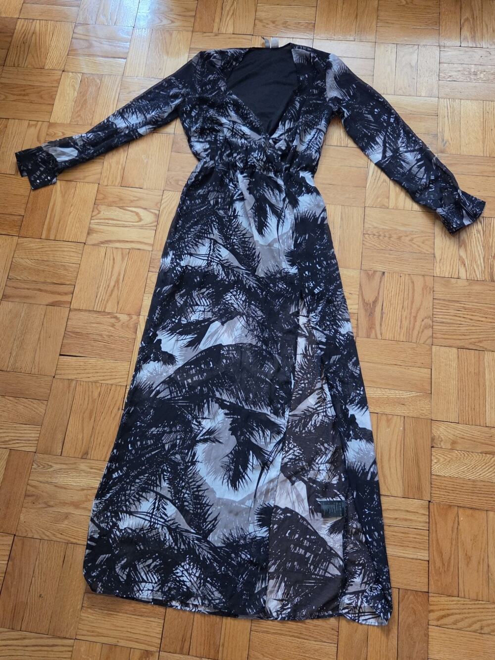 Long Black And Grey Wrap H&M 5ropical Vacation Dress With Side Slit Sz6